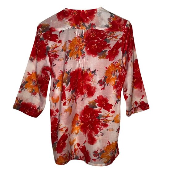 Christina M Floral Button-Up Tunic Embroidered Pin-Tuck 3/4 Sleeves Red & Orange - Picture 2 of 16